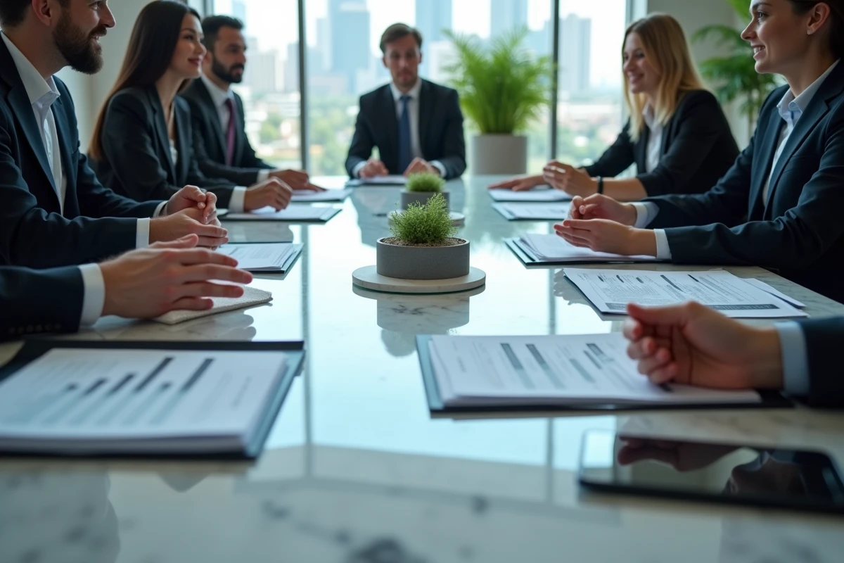 Groupe de professionnels en réunion dans une salle de conférence