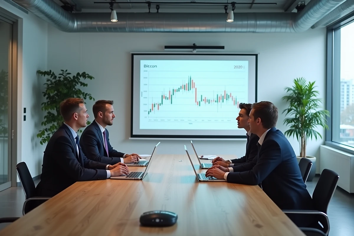 Réunion de professionnels analysant une prévision Bitcoin 2030 en salle de conférence fintech