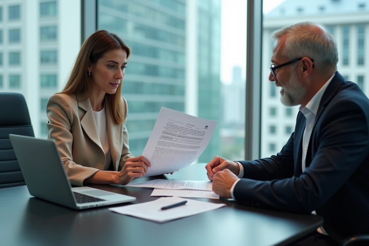 Deux professionnels en réunion consultant un contrat de financement client et un portail de gestion en ligne dans une salle de conférence moderne