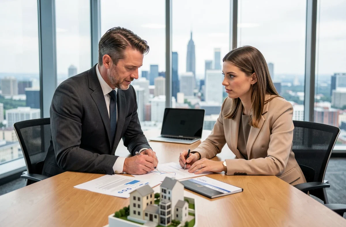 Deux professionnels discutant des performances mensuelles de SCPI autour d'une table de réunion avec vue sur la ville