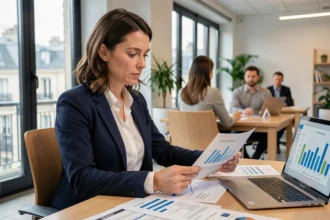 Femme cadre française analysant des graphiques de salaires dans un bureau moderne à Paris en 2026