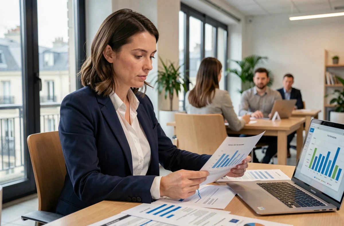 Femme cadre française analysant des graphiques de salaires dans un bureau moderne à Paris en 2026
