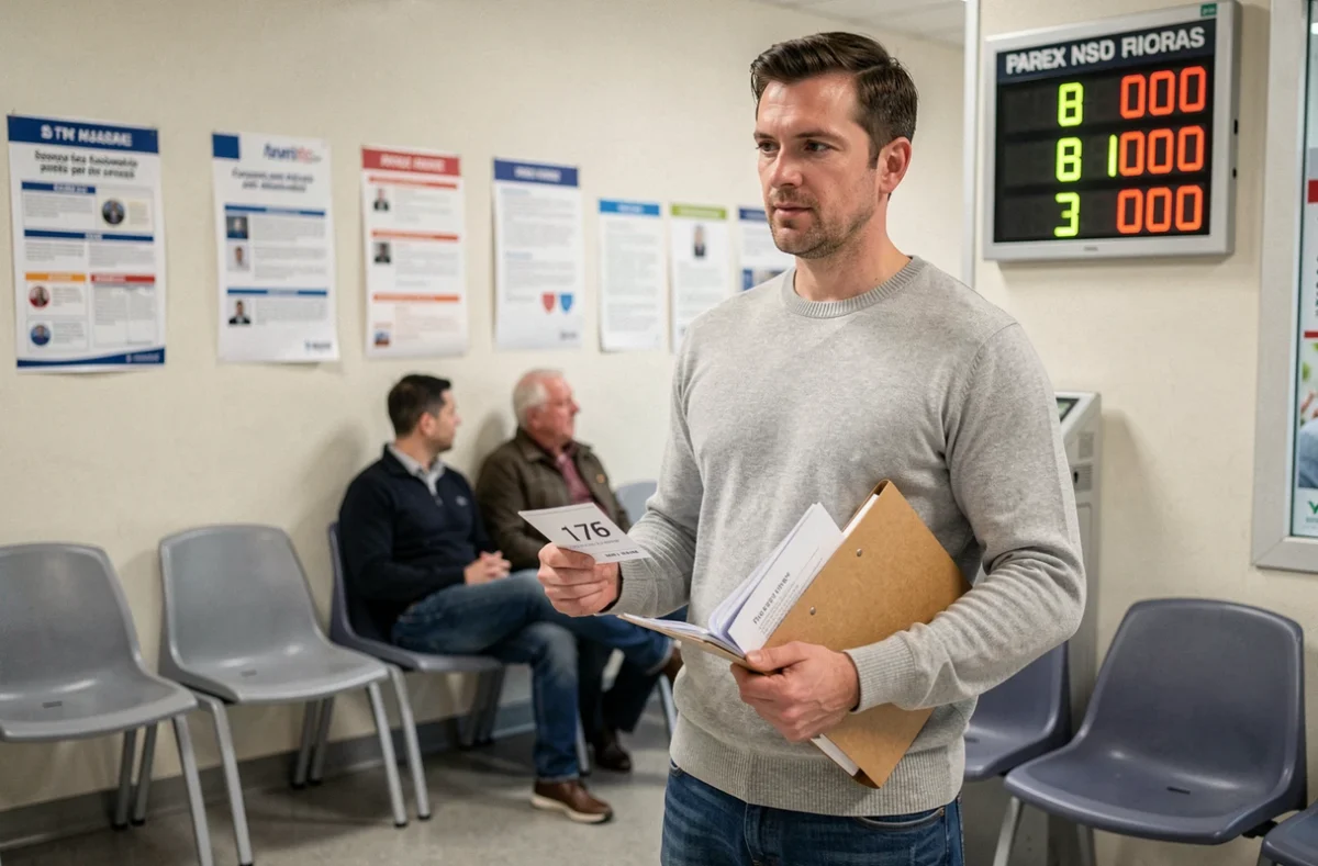 Usager attendant son tour dans la salle d'attente du centre des impôts SGC de Mérignac avec un dossier fiscal