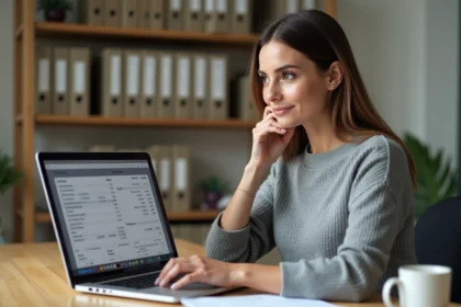 Femme utilisant un simulateur d'impôt sur le revenu sur son ordinateur portable dans un bureau à domicile