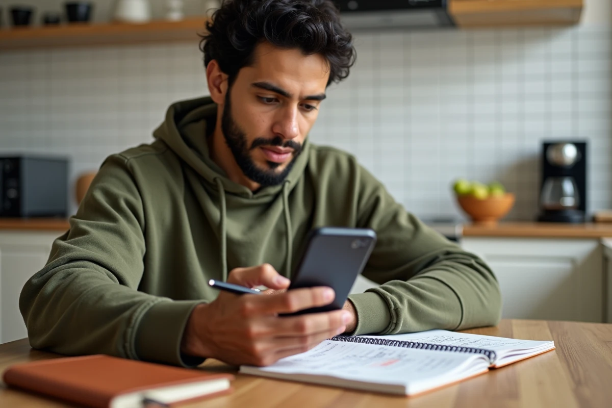 Personne calculant son impôt sur le revenu avec un simulateur sur smartphone en intégrant primes et heures supplémentaires