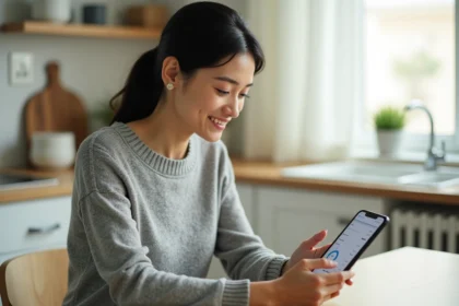 Femme consultant son compte bancaire Crédit Agricole sur une tablette dans une cuisine familiale moderne