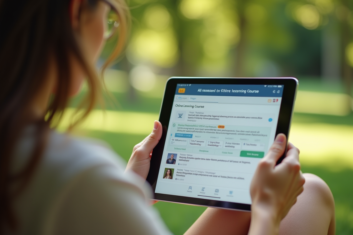 Personne tenant une tablette avec un cours en ligne dans un parc ensoleille