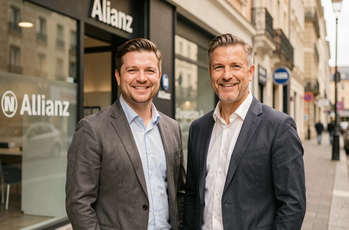 Thomas et Maxime Delesalle, courtiers Allianz Assurance Lille Centre, devant leur agence