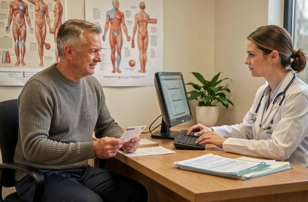 Patient présentant sa carte de mutuelle à un médecin généraliste lors d'une consultation médicale avec tiers payant