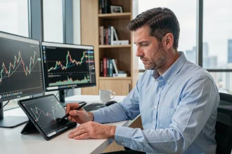 Trader analysant un pattern double bottom sur plusieurs écrans dans un bureau moderne en 2026