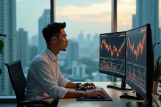 Trader asiatique concentré devant des écrans de bourse au lever du jour, plan de trading en cours sur plusieurs moniteurs