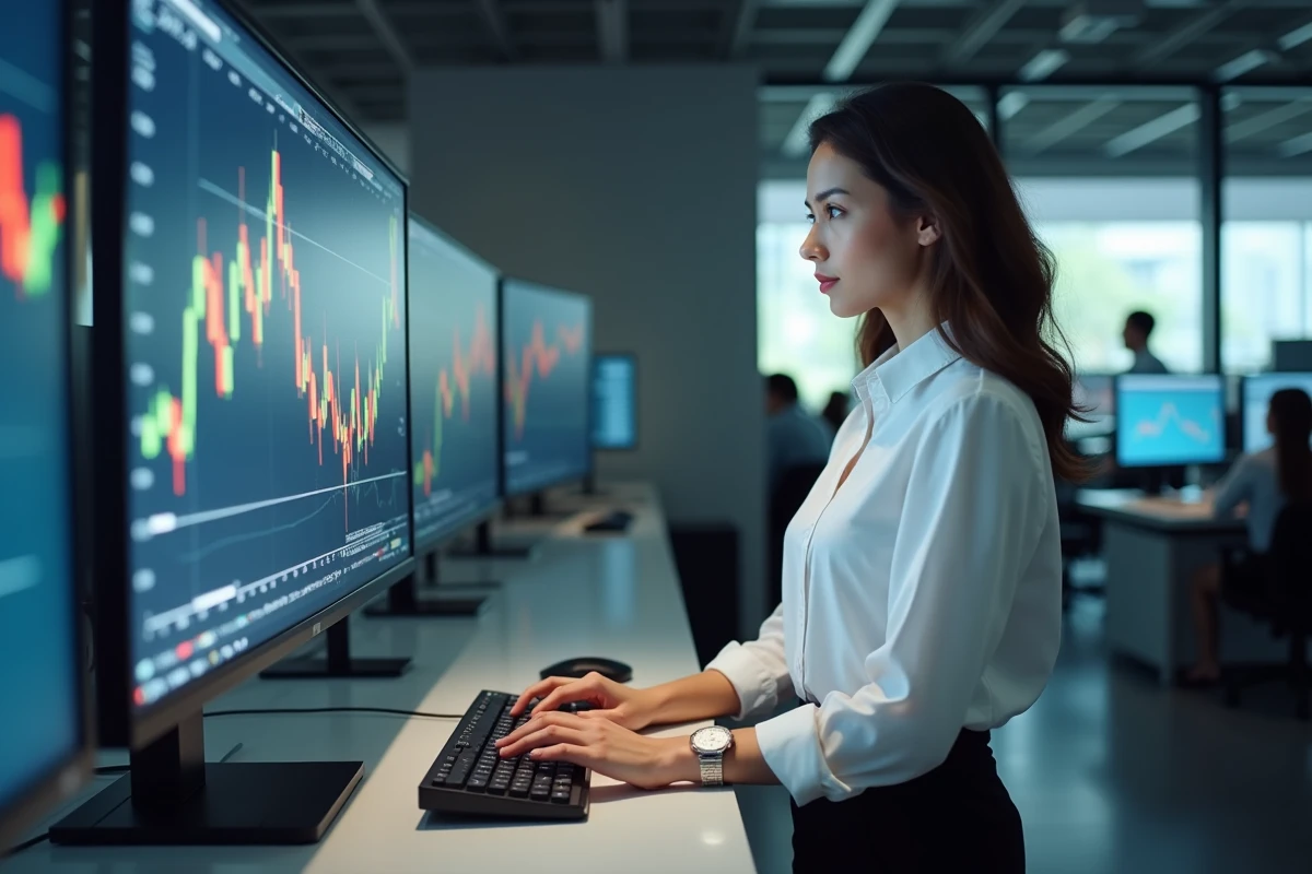 Trader féminine analysant les cours boursiers et la valorisation de l'action Kering sur un écran de trading