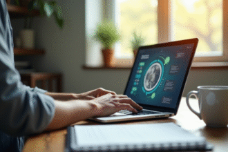 Professionnel travaillant sur un ordinateur portable à un bureau lumineux