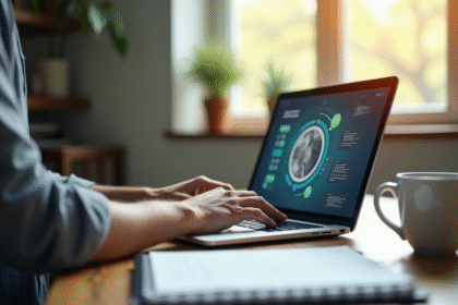 Professionnel travaillant sur un ordinateur portable à un bureau lumineux