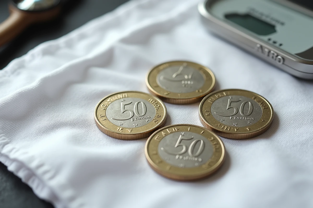 Trois pièces de 50 Francs 1977 en argent disposées sur tissu blanc avec loupe et balance de numismate