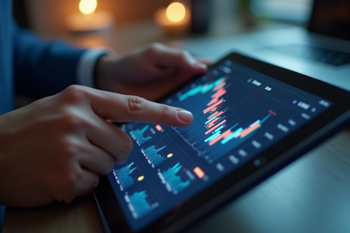 Mains utilisant une tablette avec graphiques financiers dynamiques
