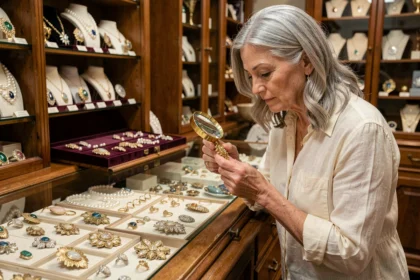 Femme examinant un bijou ancien avec une loupe chez un antiquaire spécialisé en bijouterie vintage