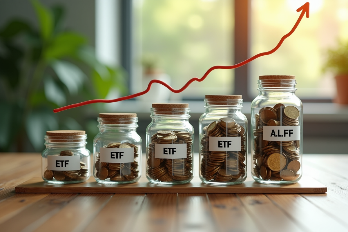 Verres remplis de pièces avec noms ETF et graphique financier en fond
