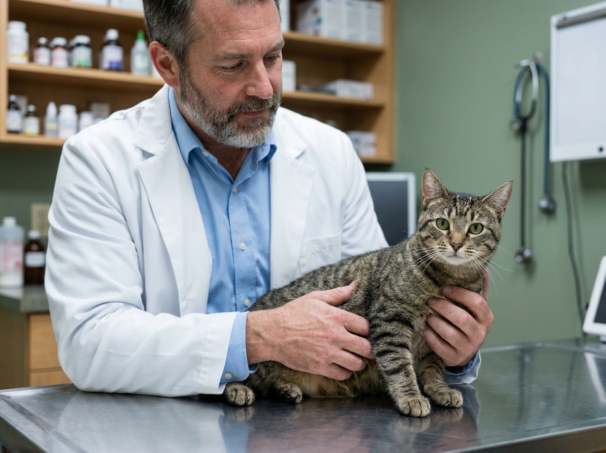 Vétérinaire examinant un chat tigré dans une clinique vétérinaire moderne