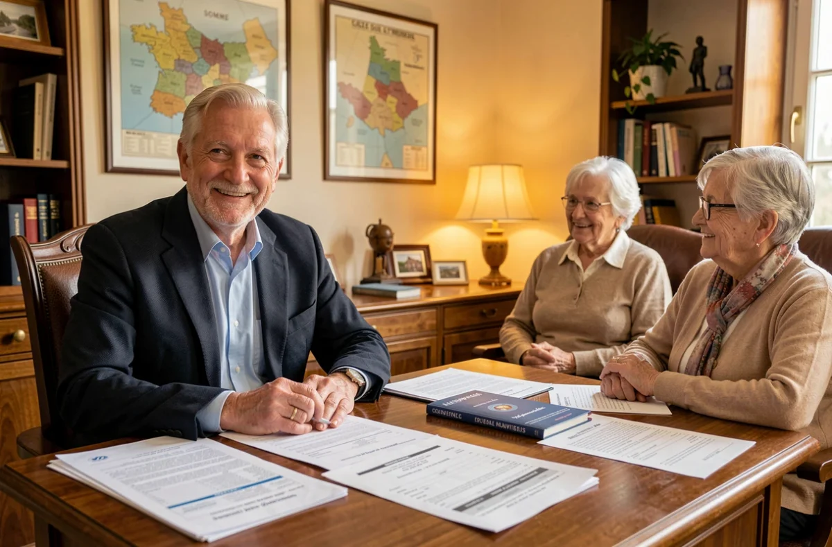 Spécialiste du viager de Viager Patrimoine Picardie conseillant un couple de seniors dans la Somme