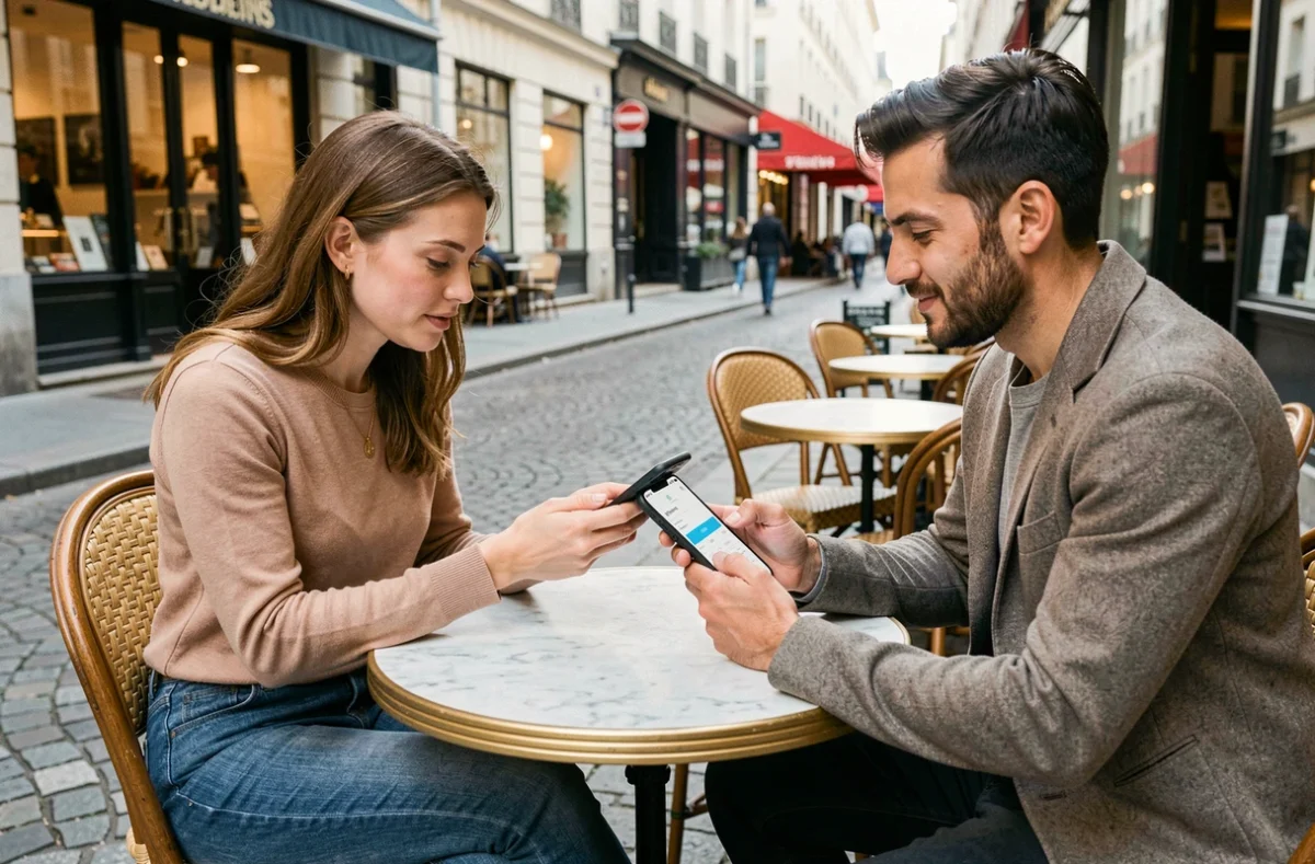 Deux amis effectuant un virement instantané entre comptes Nickel depuis une terrasse de café parisienne
