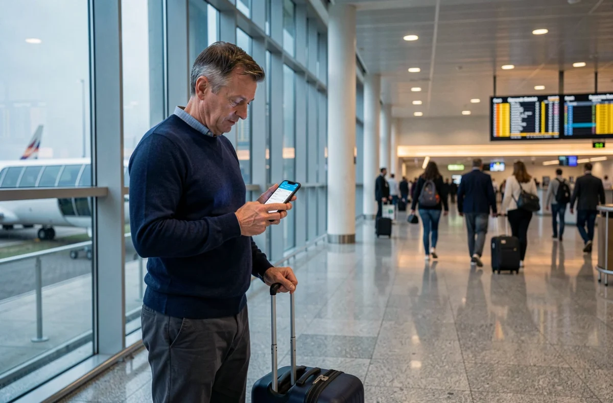Voyageur consultant son assurance voyage Chapka sur smartphone dans un aéroport international