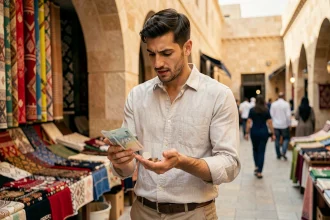Voyageur tenant des billets et pièces de dirham émirati dans un souk de Dubaï