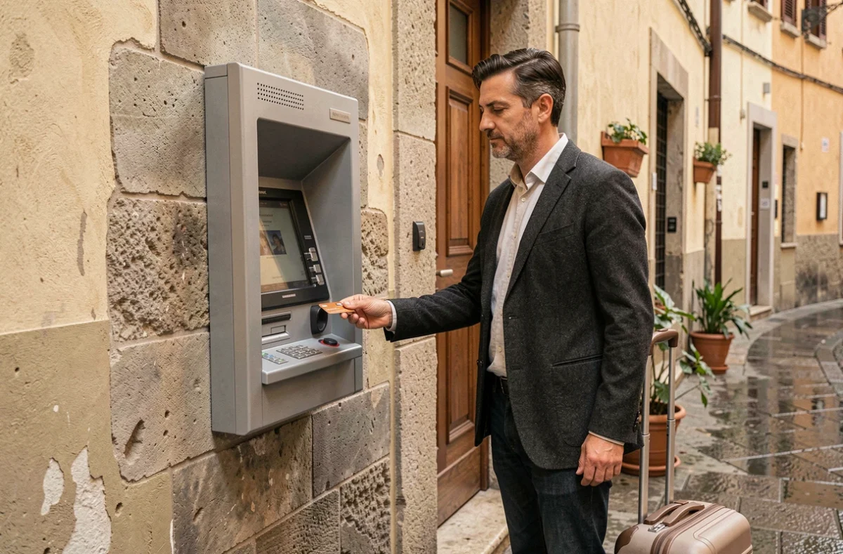 Homme voyageur utilisant un distributeur automatique de billets intégré dans un mur de pierre en ville