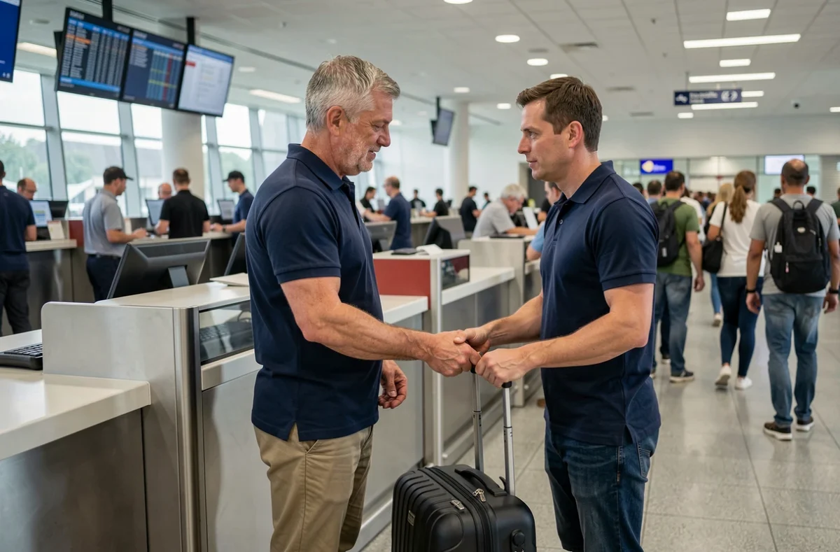Voyageur remettant sa valise à un agent d'enregistrement dans un aéroport, évoquant la nécessité d'une assurance bagage