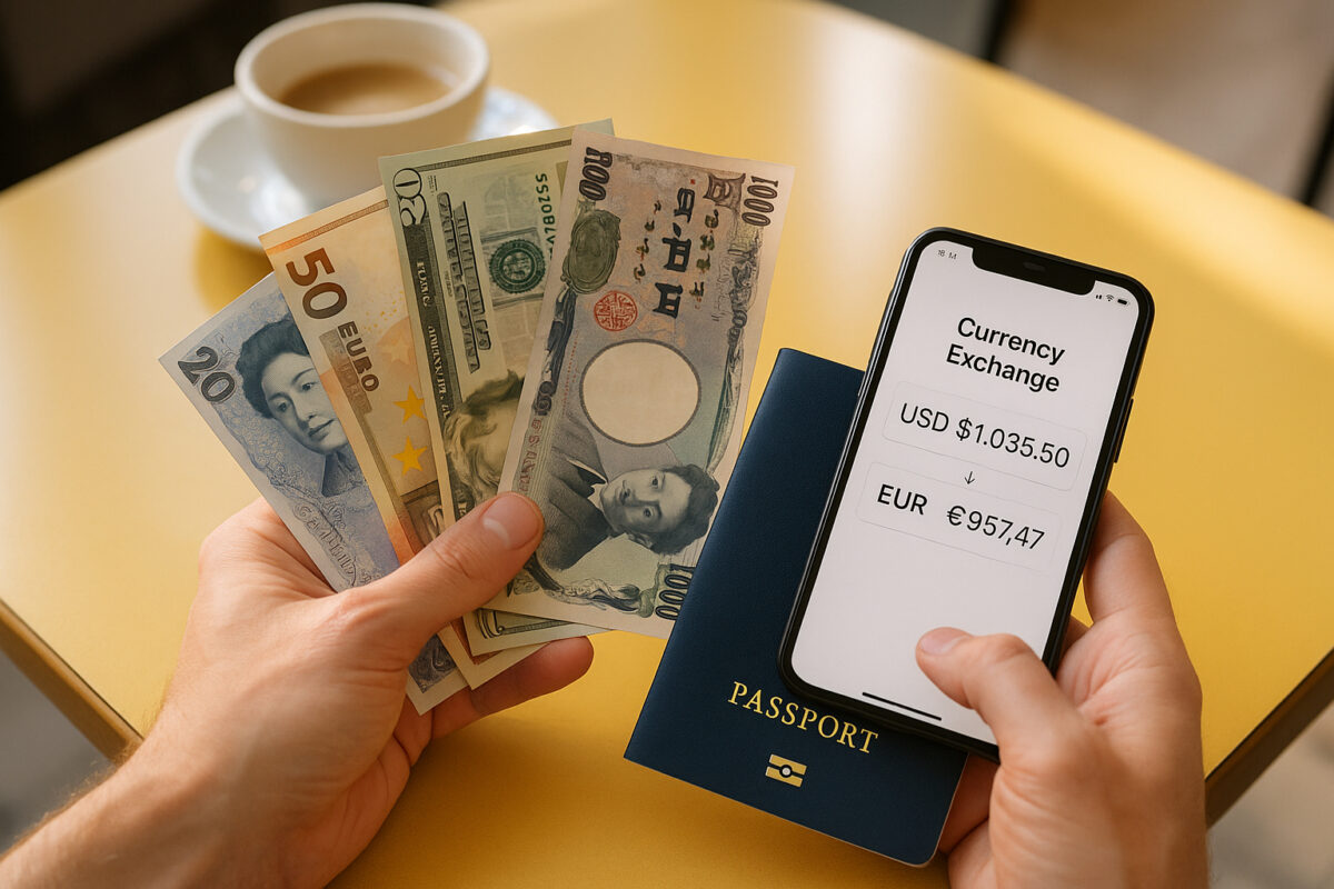 Photo hyperrealiste de mains de voyageur avec monnaies et passeport