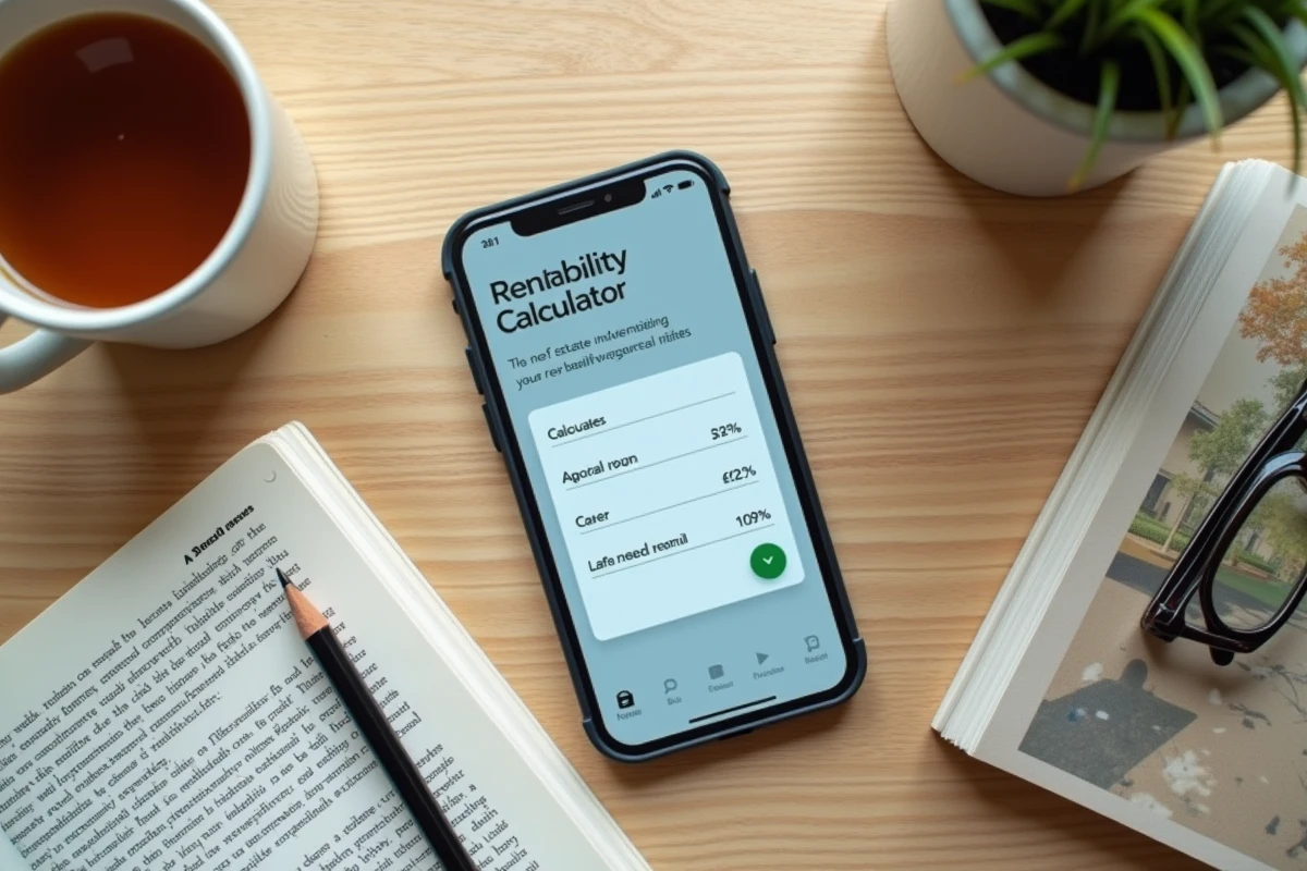 Vue aérienne d'un calculateur de rentabilité sur smartphone entouré de notes financières pour achat 2026