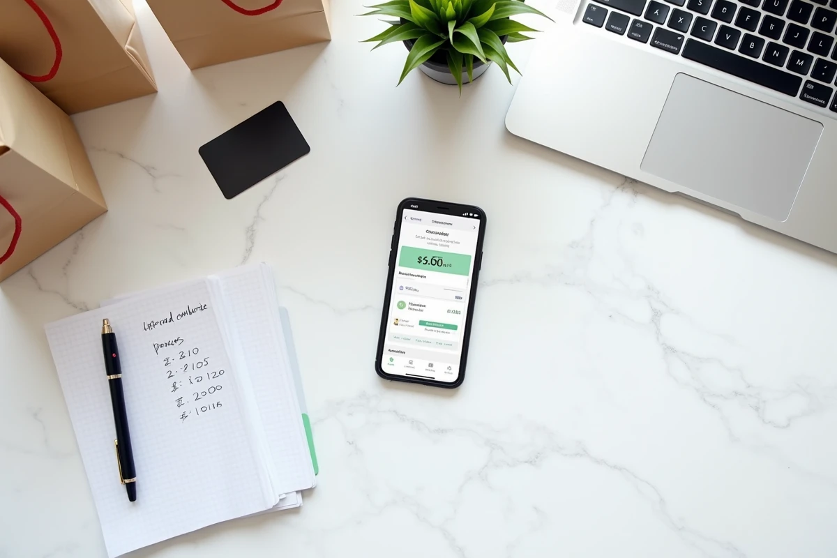 Vue aérienne d'un bureau avec smartphone affichant un bilan de cashback, sacs shopping, cartes de fidélité et notepad avec des chiffres