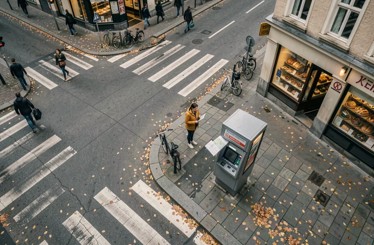 Vue aérienne d'une intersection urbaine avec une femme cherchant un distributeur de billets près d'un carrefour en automne